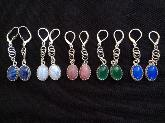 Oval stone and sterling drop earrings/ multiple colored dangles/ purple ,white ,pink,green,blue earrings/ Long silver dangles