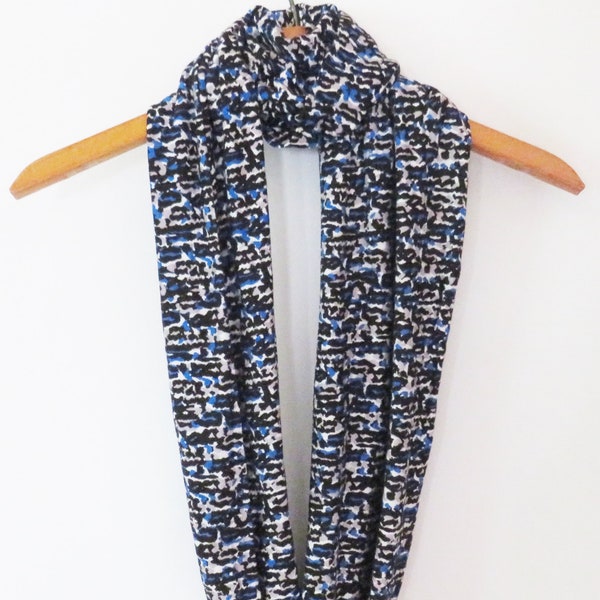 SALE midnight blue black neck scarf/infinity scarf/polyester spandex fabric/9x 58"/unique print/ casual dress up/neck wrap/ready to ship