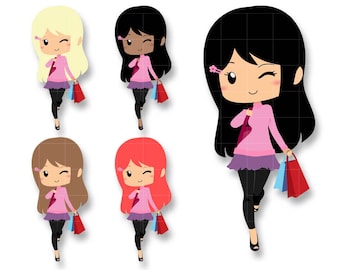 Chibi Shopping Kawaii Clipart. Girl shopping Set for Planner Stickers, Scrapbooking, Paperclips. Personal or Commercial Use.