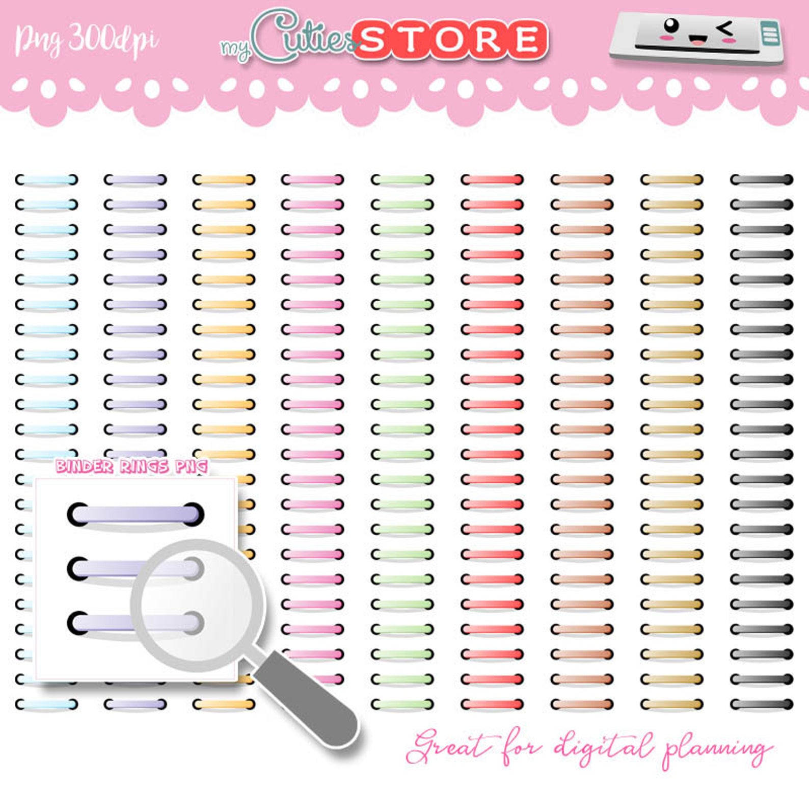 Metallic binder rings clipart. PNG graphics great for digital Etsy