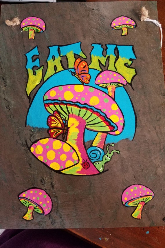 Slate Eat Me Mushrooms Hippie Butterfly hand painted | Etsy