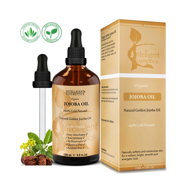 Organic Golden Jojoba Oil 100ML Pure 100% Cold Pressed, Virgin, Unrefined & Natural for Hair Nails Skin Hands