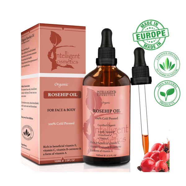 Organic Rosehip Oil 100% Cold Pressed, Virgin, Unrefined Pure & Natural Premium Rose Hip Oil for Face Skin Hands Body