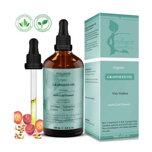 GrapeSeed Oil 100% Cold Pressed Pure Certified Organic Grape Seed Oil 100ml Glass Bottles with Pipette for Face, Hands, Neck & Feet