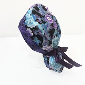 Ponytail Scrub Cap Purple Petals OR Hats, Scrub Caps for Women, ORHatsByBonita, Ponytail Scrub Hat, Scrub Cap