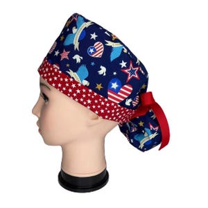 Scrubmuts paardenstaart Independence Day, OK-mutsen, scrubmutsen voor dames, ORHatsByBonita, scrubmuts paardenstaart, scrubmuts