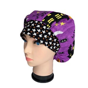Bouffant Scrub Hat Ghost House, Scrub Cap, OR Hats, Scrub Hats for Women, ORHatsByBonita, Surgical Scrub cap, Halloween Scrub Cap