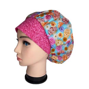 Scrub Cap Blue Skulls and Roses, Bouffant Scrub Hat, Surgical Hat, Surgical Cap, Nurse OR Hat, OR Hats, Scrub Hats for Women, ORHatsByBonita