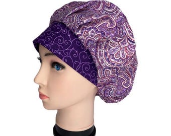 Scrub Cap: Bouffant Cotton Cap, Pink and Purple Paisley Surgical Hat