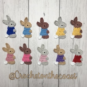 May include: Crocheted bunny appliques in various colors, including gray, brown, and pink, each wearing a sweater. The bunnies have white feet and are arranged on a light wood-grain surface. The text "@Crochetonthecoast" is at the bottom.