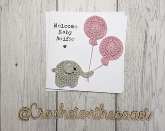 Tarjeta personalizada de elefante de crochet para nuevo bebé