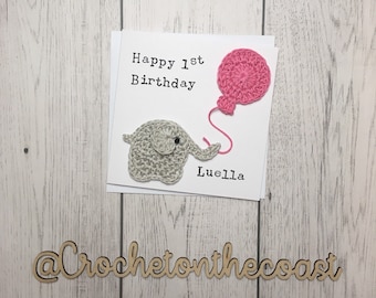 Tarjeta personalizada de primer cumpleaños de elefante / tarjeta de elefante de ganchillo / tarjeta de cumpleaños de elefante / tarjeta de cumpleaños de cualquier edad