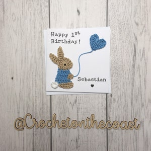 Personalised first birthday card Crochet bunny birthday card Any age birthday card image 1