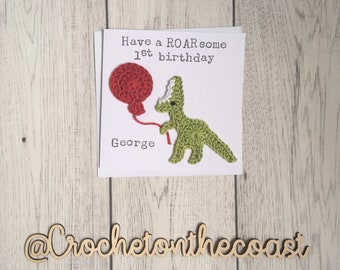 Tarjeta de cumpleaños de dinosaurio personalizada, tarjeta de cumpleaños para niños, tarjeta de dinosaurio de ganchillo, tarjeta 'Have a ROARsome birthday', tarjeta de cumpleaños para niños