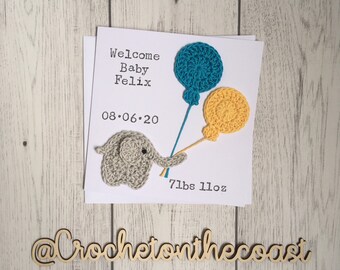 Personalised New Baby Card | Crochet Elephant New Baby Card | New Baby Boy | New Baby Girl