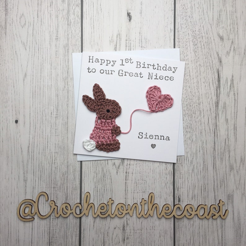 Tarjeta de primer cumpleaños personalizada / Tarjeta de cumpleaños del conejito de ganchillo / Tarjeta de cumpleaños de cualquier edad Brown/Dusky pink