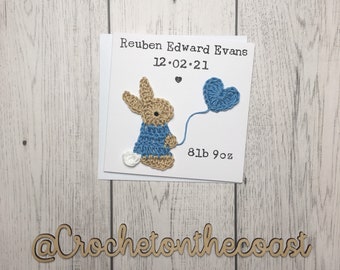 Gepersonaliseerde nieuwe baby gefeliciteerd kaart | Nieuwe babymeisjeskaart | Nieuwe babyjongenskaart | Gehaakte Bunny nieuwe babykaart