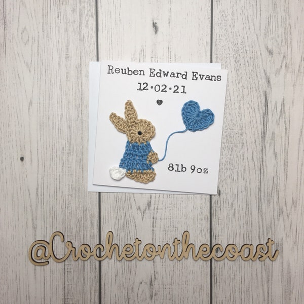 Carte personnalisée de félicitations pour nouveau bébé | Nouvelle carte bébé fille | Nouvelle carte bébé garçon | Carte de nouveau-né au crochet Bunny