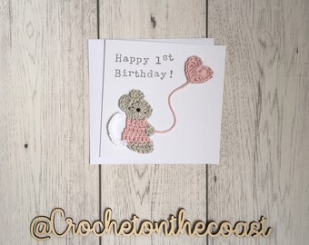 First Birthday card, Mouse birthday card, crocheted birthday card, cute 1st Birthday card