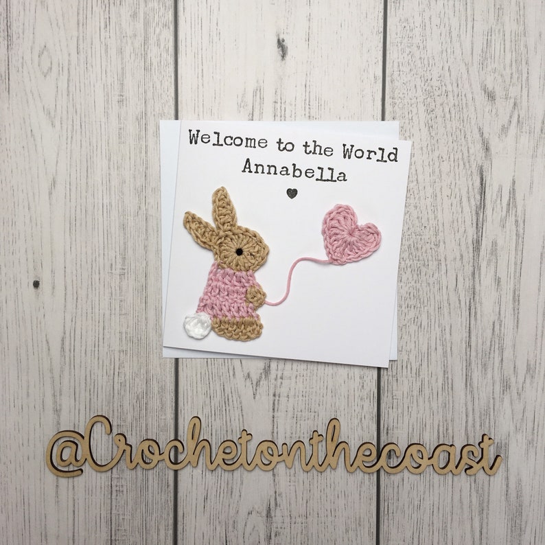 Personalised New Baby Congratulations Card New Baby Girl Card New Baby Boy Card Crochet Bunny New Baby Card image 7