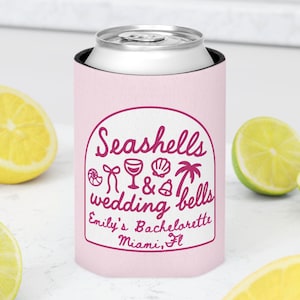 Seashells and Wedding Bells Can Coolers, Personalized Bachelorette Can Sleeves, Custom Beach Coastal Bachelorette Party Favors, Can Holder