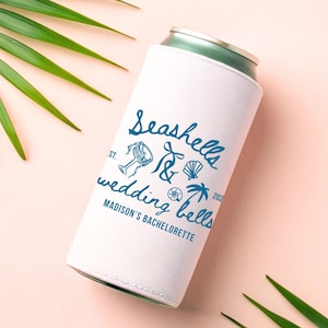 Seashells and Wedding Bells Bachelorette Can Cooler, Personalized Coastal Girls Trip Party Favor, Custom Can Cooler For Coastal Bachelorette