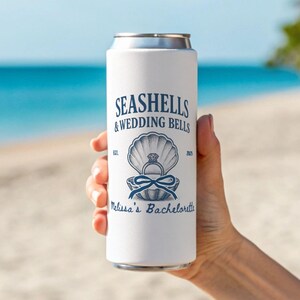 Seashells and Wedding Bells Bachelorette Can Cooler, Personalized Coastal Girls Trip Party Favor, Custom Can Cooler For Coastal Bachelorette
