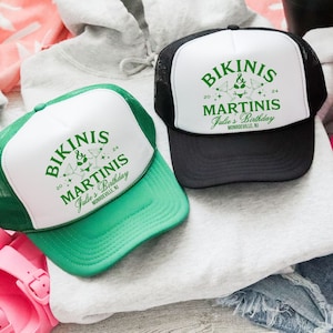 Bikinis And Martinis Birthday Trucker Hats, Girls Trip Gift, Custom Beach Trucker Cap, Martini Themed Birthday Party Favors, Martini Lover