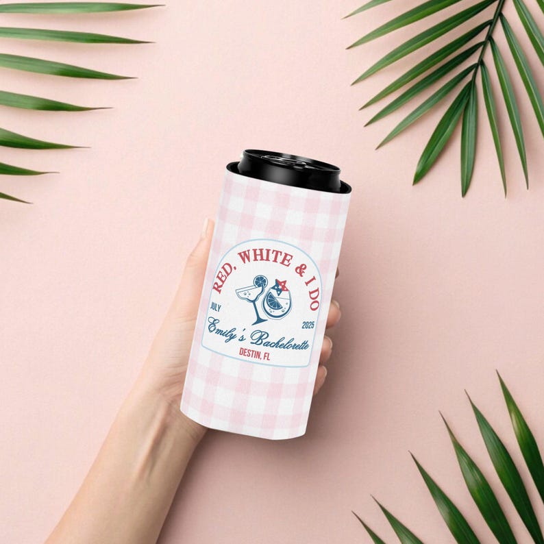 May include: Pink and white gingham can cooler with the text "Red, White & I Do" in red, white, and blue. The text "Emily's Bachelorette" is below the main text, with the date "July 2023" and the location "Destin, FL".