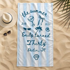 The Summer l Turned Thirty Personalized Beach Towel, Custom 30th Birthday Gift For Her, Summer Birthday Keepsake Gifts, 30th Birthday Party