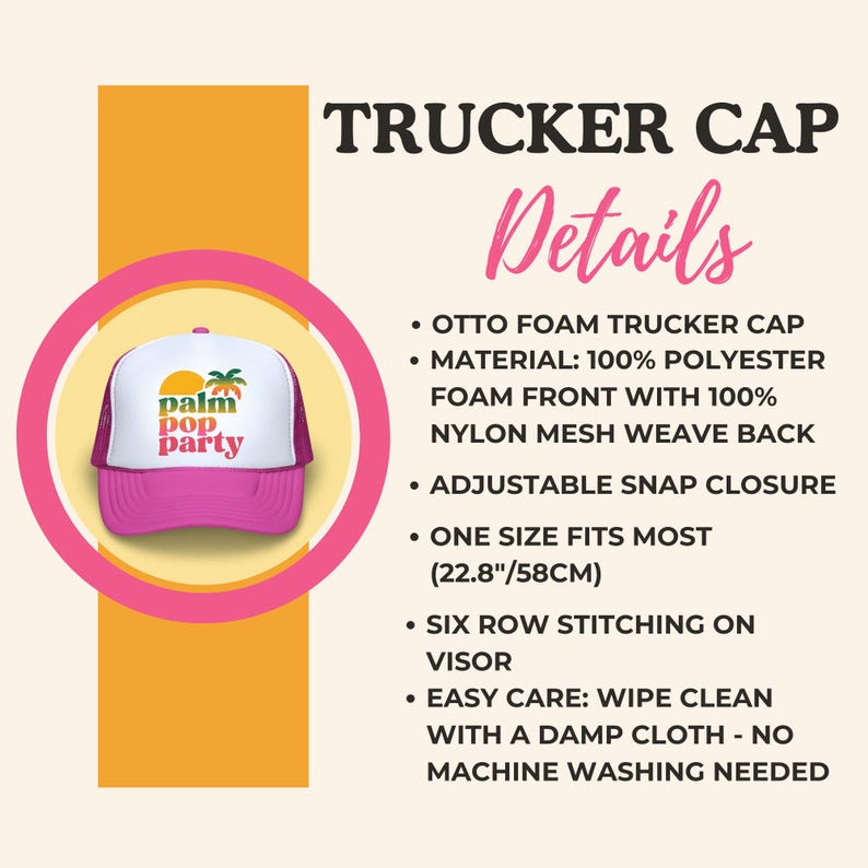 May include: A pink and white trucker cap with the text "palm pop party" and a palm tree graphic. The cap has a mesh back and an adjustable snap closure. One size fits most, 22.8 inches (58cm).