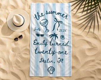 The Summer l Turned Twenty One Personalized Beach Towel, Custom Twenty First Birthday Gift For Her, Beach Summer Birthday Keepsake Gifts