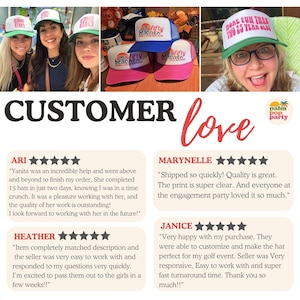 May include: A collection of trucker hats with the text "She's Fifty Beaches" and "More Fun Than Two 25 Year Olds." The hats are white, pink, blue, and green. The image also includes customer reviews and the words "Customer Love."