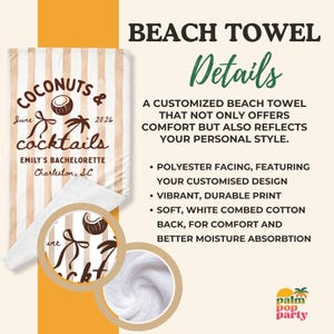 May include: A rectangular beach towel with beige and white vertical stripes, featuring the text Coconuts & Cocktails, June 2026, Emily's Bachelorette, and Charleston, SC. The towel has a polyester front and a white combed cotton back.