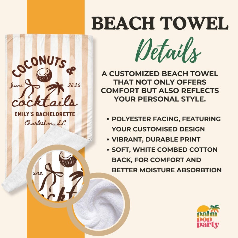May include: A rectangular beach towel with beige and white vertical stripes, featuring the text Coconuts & Cocktails, June 2026, Emily's Bachelorette, and Charleston, SC. The towel has a polyester front and a white combed cotton back.