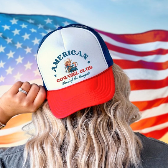 American Cowgirl Trucker Hat 4th of July Cowgirl Club Party Hats Independence Day Cowgirl Gift Retro Patriotic Rodeo Trucker Hats Etsy