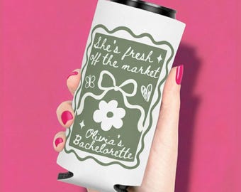 She's Fresh Off The Market Bachelorette Party Can Coolers, Custom Floral Bachelorette Party Favors, Personalized Coquette Garden Party Bach