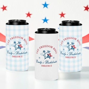 Fourth of July Bachelorette Let Freedom Ring Custom Gingham Bachelorette Can Cooler, Independence Day Bridal Party Favors, Bridesmaid Gift