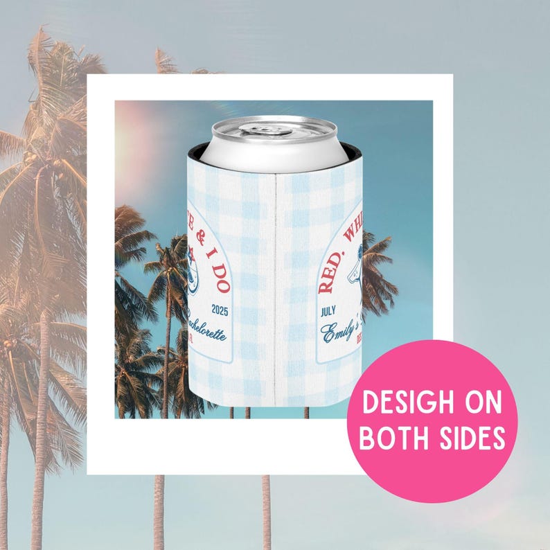 May include: White and blue gingham can cooler with the text "Red, White & I Do" and "Emily's Bachelorette 2025" in red. The design is on both sides of the cooler.