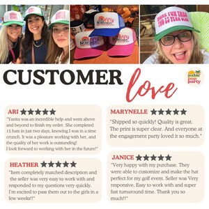 May include: A collection of trucker hats with the text "She's Fifty Beaches" and "More Fun Than Two 25 Year Olds." The hats are white, pink, blue, and green. The image also includes customer reviews and the words "Customer Love."