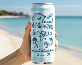 The Summer I Turned Thirty 30th Birthday Can Cooler, 30th Birthday Gift For Her, Custom Beach Birthday Party Favors, Reusable Can Holders