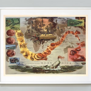 Moby Dick Print, The Voyage of the Pequod by Herman Melville Map Print, Pictorial Map, 1956, Edward Everett Henry, Museum Quality Art Print