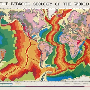 May include: A colorful map of the world showing the bedrock geology. The map is divided into different colors, each representing a different type of rock. The map also shows the location of major tectonic plates.