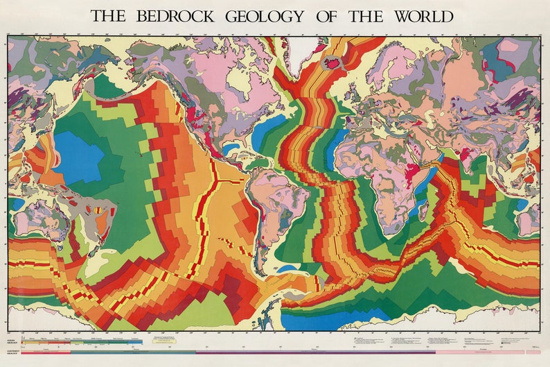 May include: A colorful map of the world showing the bedrock geology. The map is divided into different colors, each representing a different type of rock. The map also shows the location of major tectonic plates.