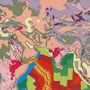 May include: A colorful geological map of Asia, showing different rock formations and tectonic plates. The map is divided into various colors, including green, red, yellow, blue, and purple, representing different geological features.