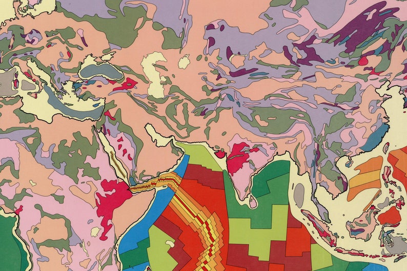 May include: A colorful geological map of Asia, showing different rock formations and tectonic plates. The map is divided into various colors, including green, red, yellow, blue, and purple, representing different geological features.