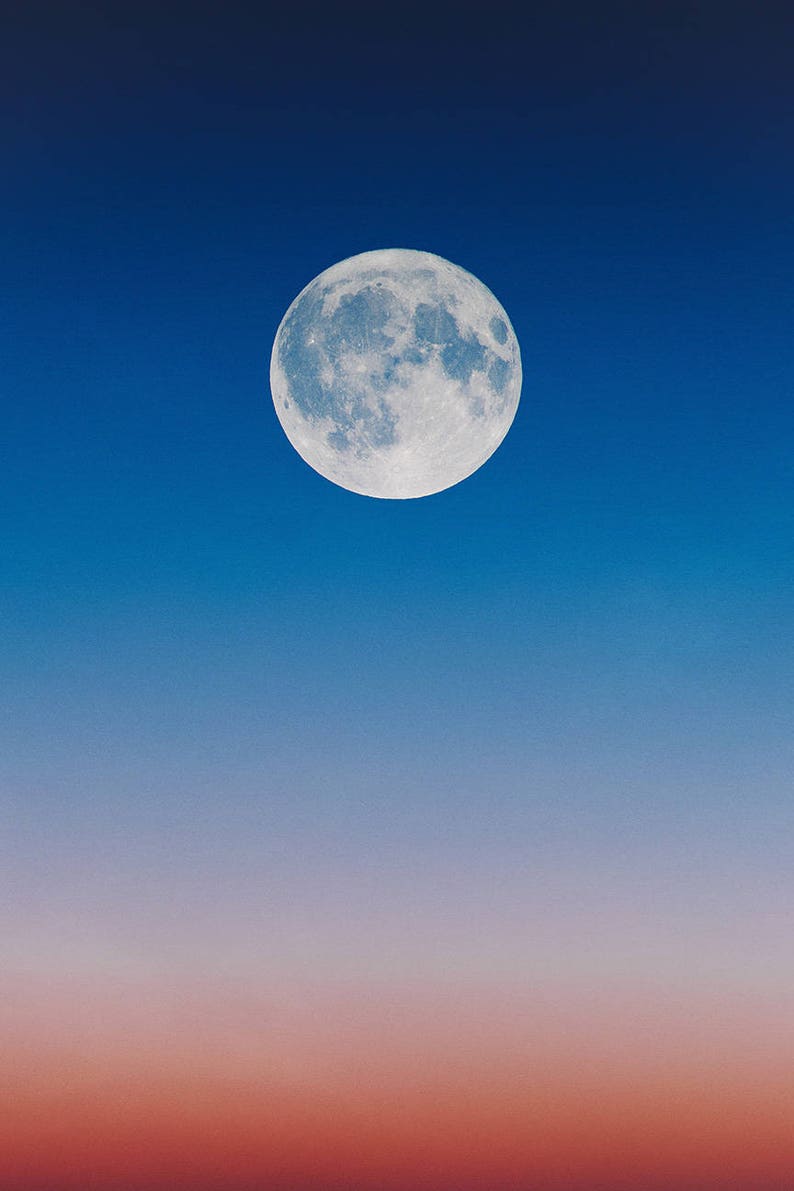 Museum Quality Photo Art Print Wall Art, Moon Sunset Print Red and Blue Sky Full Moon Print