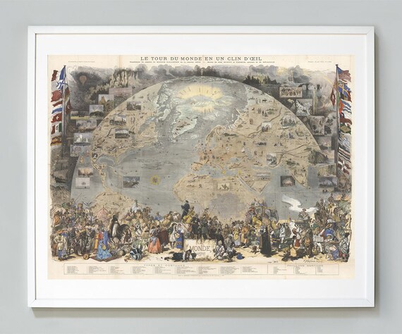 1876 Map Pictorial View of the World Poster Le Tour du Monde en un Clin d/'Oeil