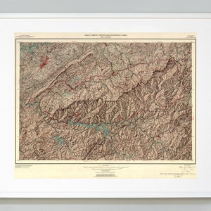 Impresión de mapas del Parque Nacional de las Grandes Montañas Humeantes, Parques Nacionales de Tennessee y Carolina del Norte, Calidad del Museo, Impresión de Mapas Giclee