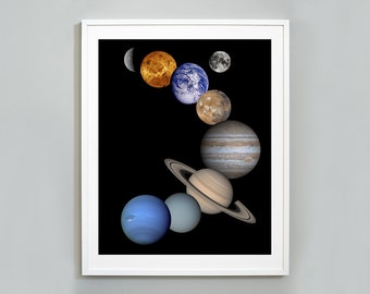 May include: A framed print of a black background with a stylized image of the planets in our solar system. The planets are arranged in a curved line, with the largest planet at the bottom and the smallest planet at the top. The planets are all different colors, including blue, green, brown, and orange.